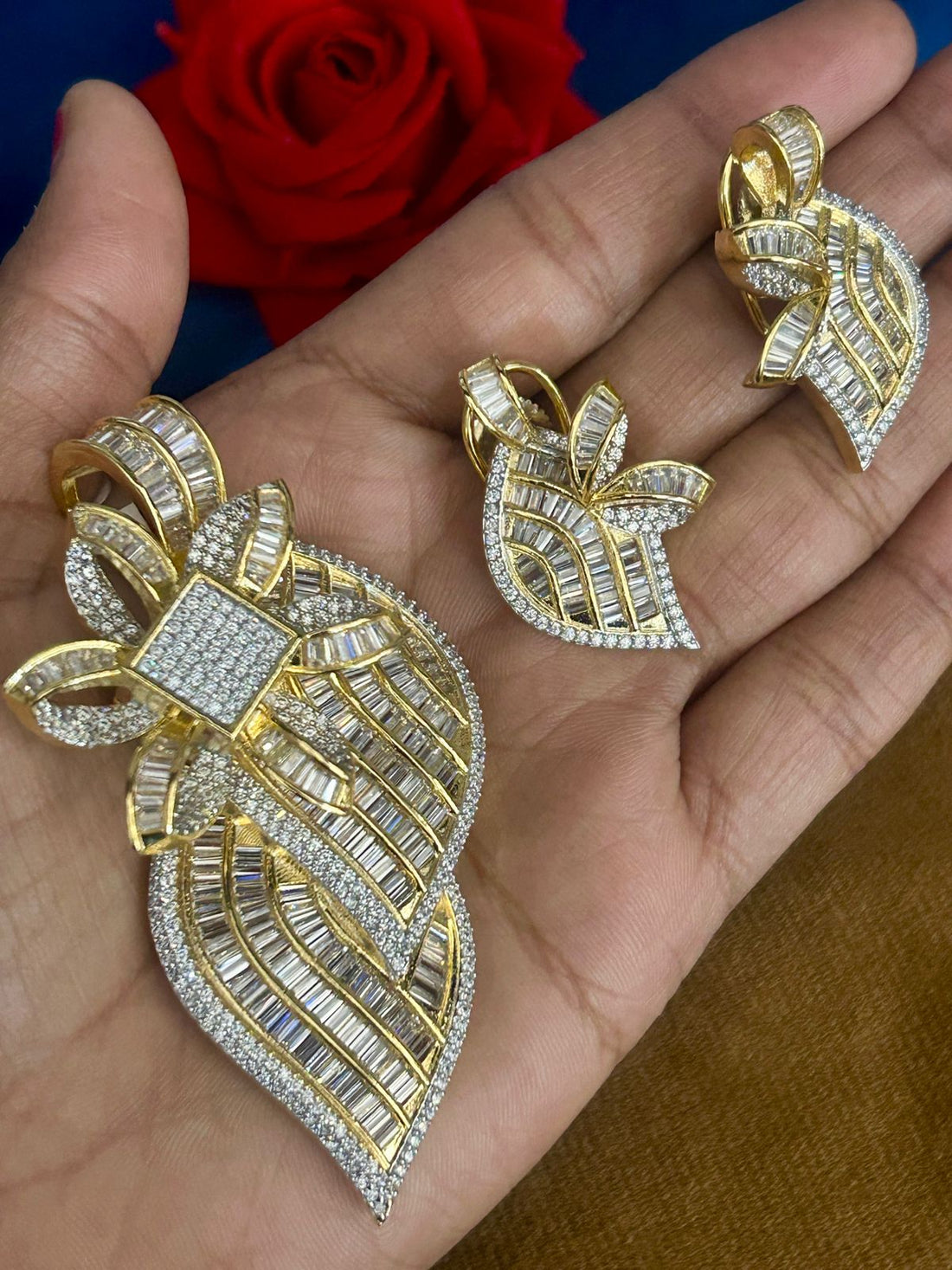 Premium Baguette CZ Designer Pendant Set (Gold Finish) – With Matching Earrings