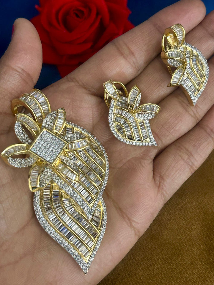 Premium Baguette CZ Designer Pendant Set (Gold Finish) – With Matching Earrings