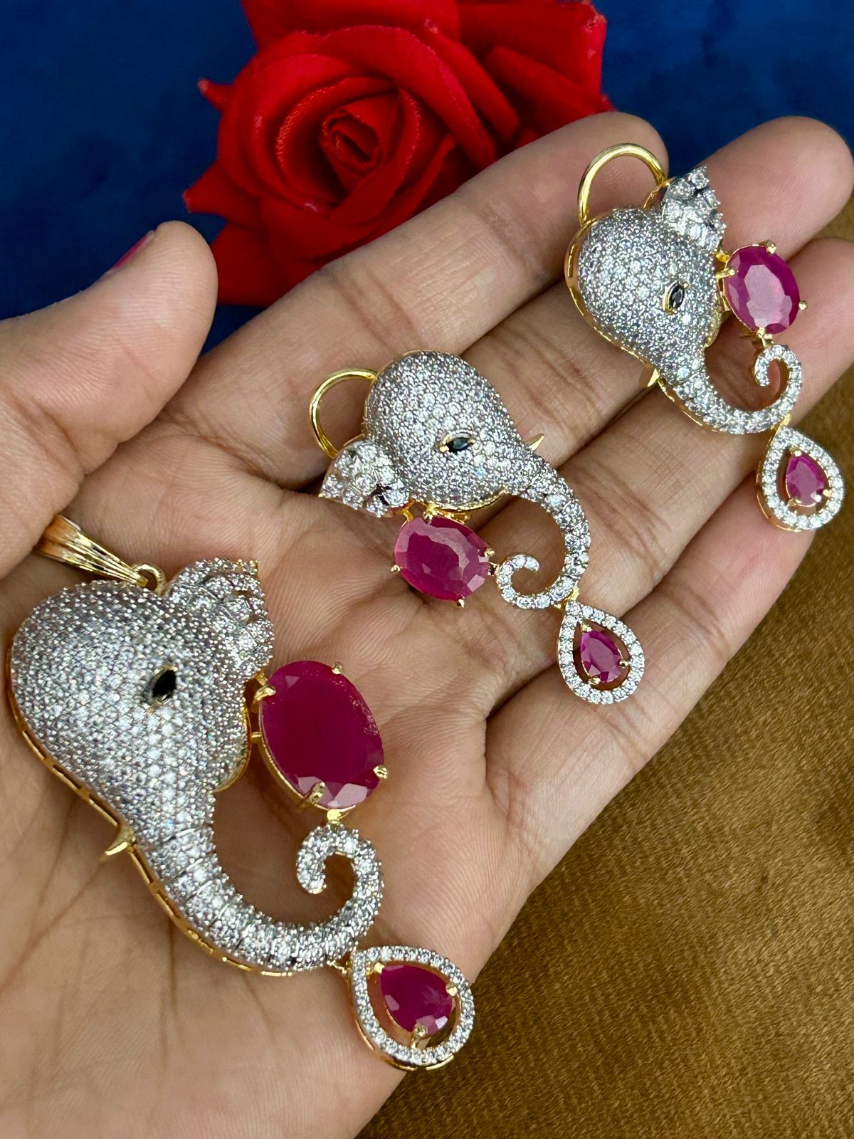 Ganesha CZ Pendant Set with Ruby Stones (Gold Finish) – With Matching Earrings