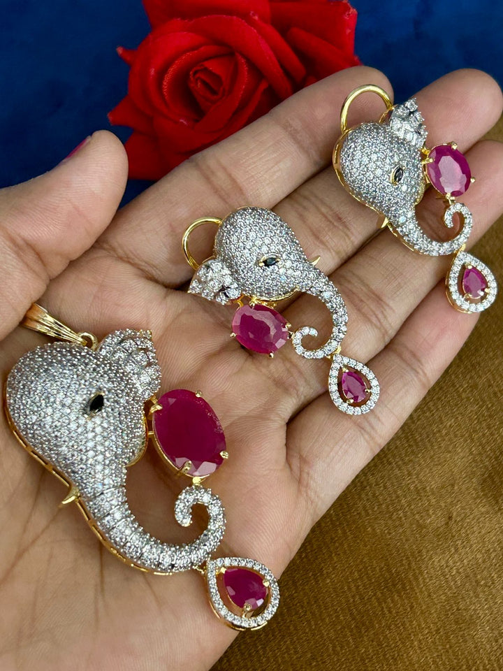 Ganesha CZ Pendant Set with Ruby Stones (Gold Finish) – With Matching Earrings