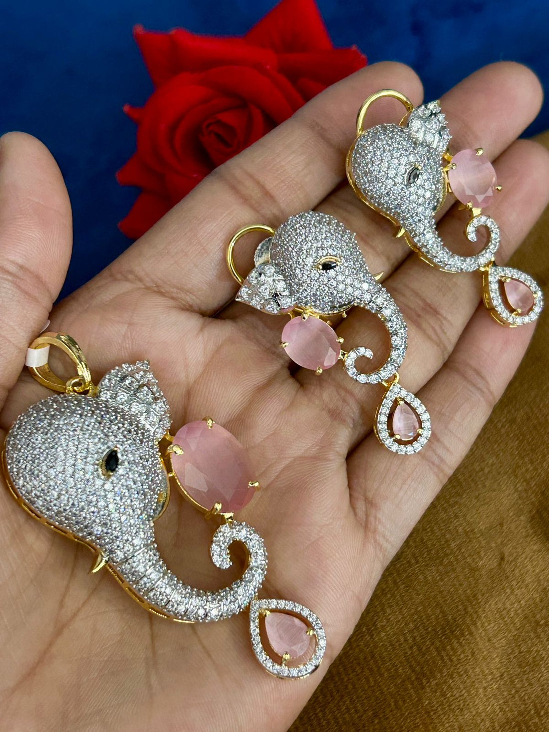 Ganesha CZ Pendant Set with Baby Pink Stones (Gold Finish) – With Matching Earrings