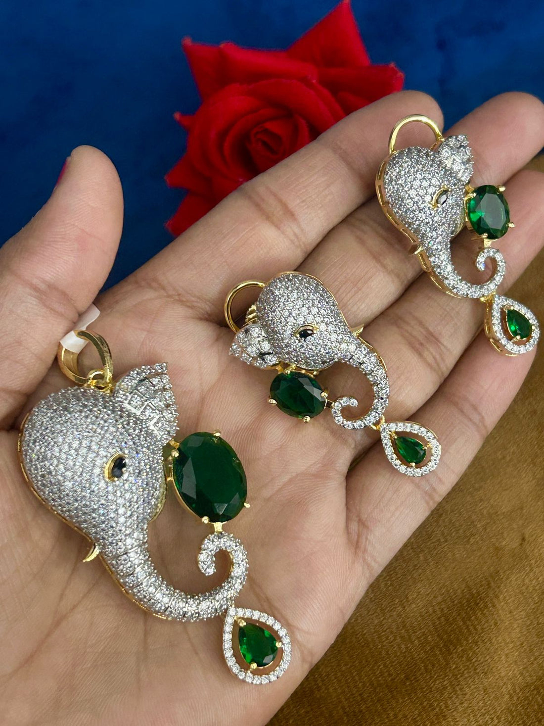 Ganesha CZ Pendant Set with Emerald Green Stones (Gold Finish) – Matching Earrings