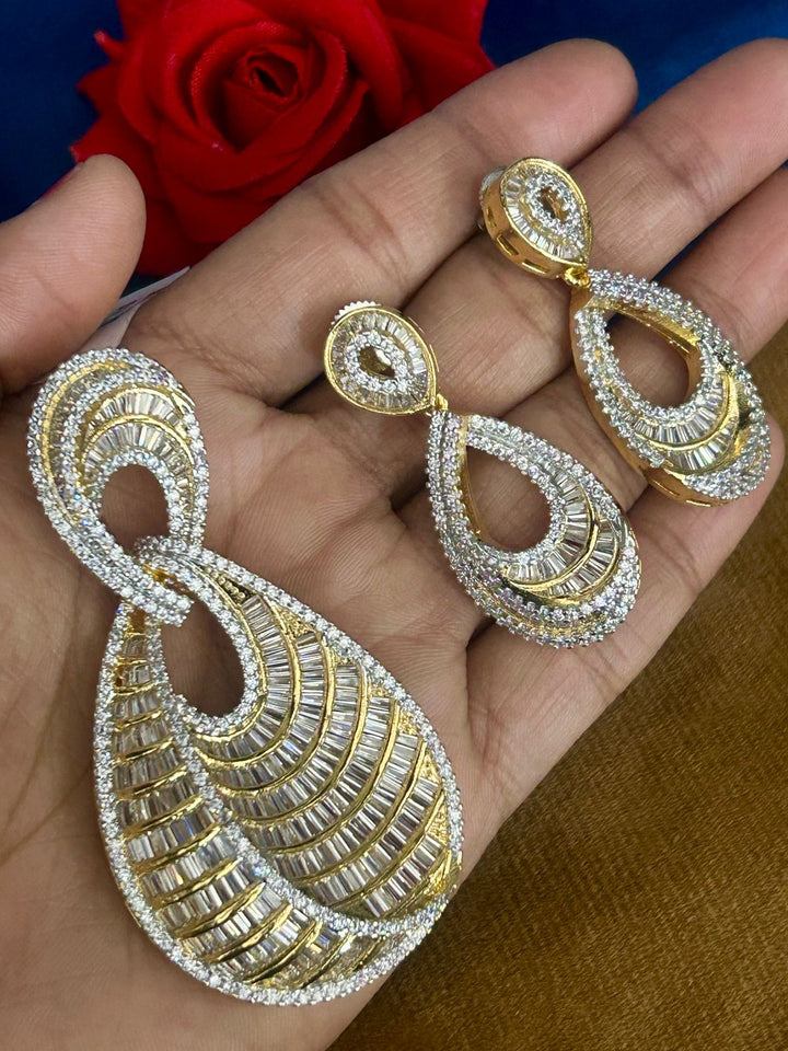 Premium Teardrop Baguette CZ Pendant Set (Gold Finish) – With Matching Earrings