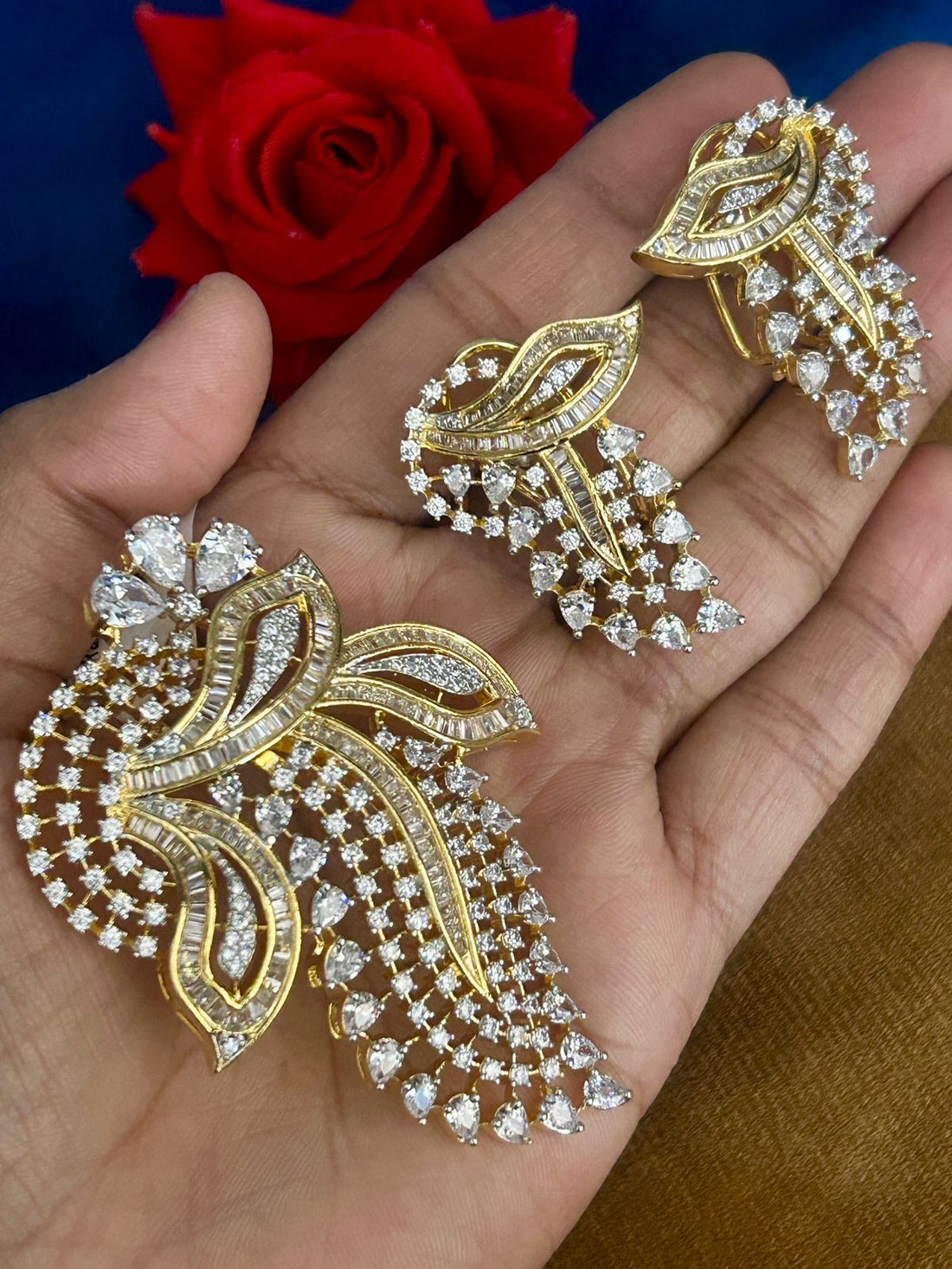 Feather Style Premium CZ Pendant Set (Gold Finish) – With Matching Earrings