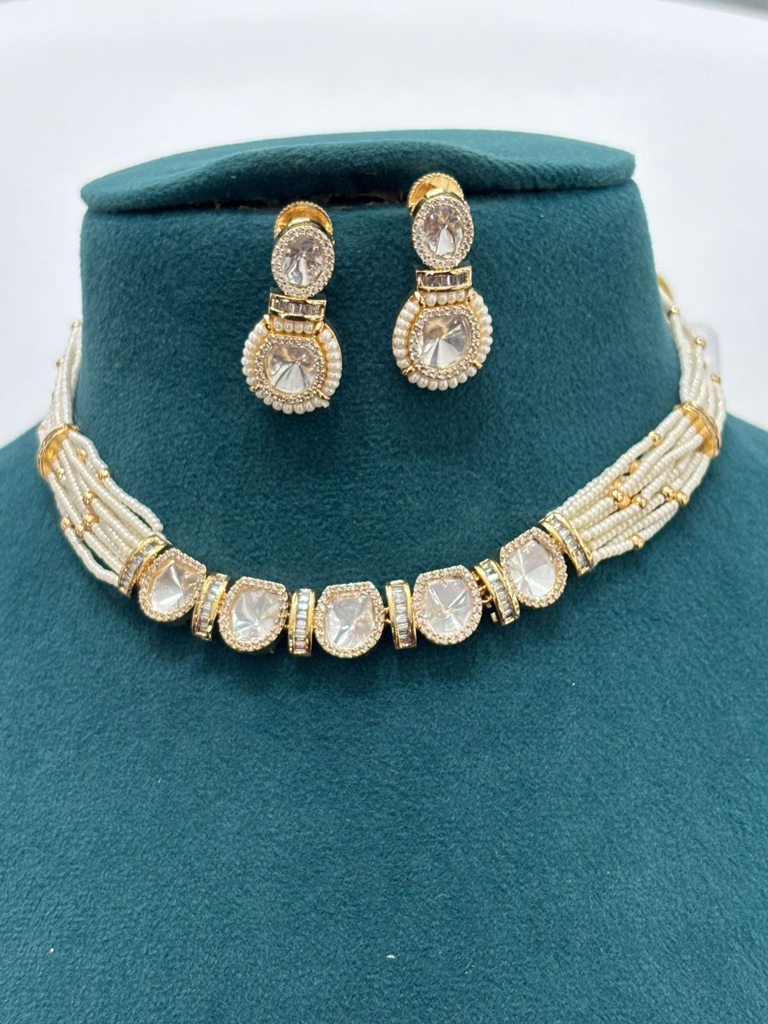 Pearl String Polki Choker Necklace Set – Premium Gold Finish