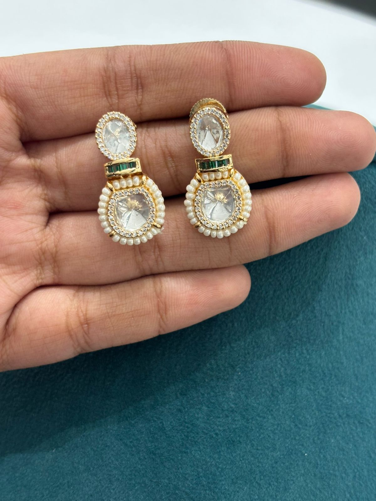 Pearl String Polki Choker Necklace Set with Emerald Accents – Premium Gold Finish