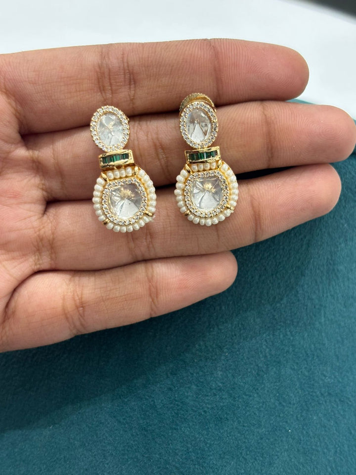 Pearl String Polki Choker Necklace Set with Emerald Accents – Premium Gold Finish