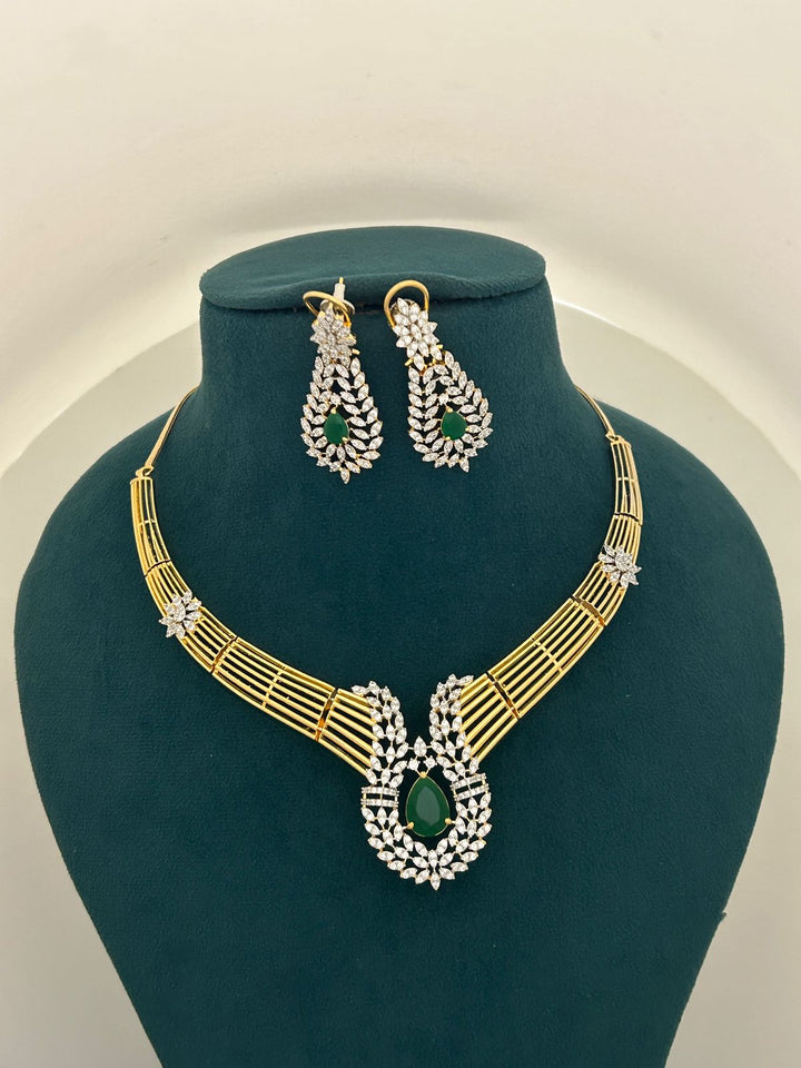 Emerald Green Stone CZ Designer Necklace Set – Premium Gold Finish