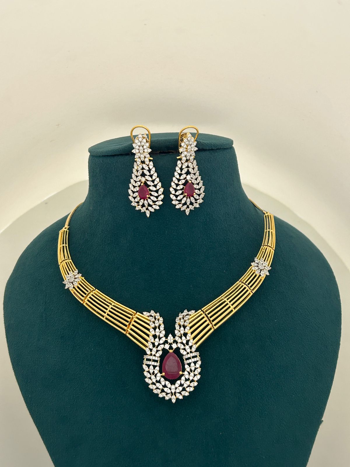 Ruby Stone CZ Designer Necklace Set – Premium Gold Finish