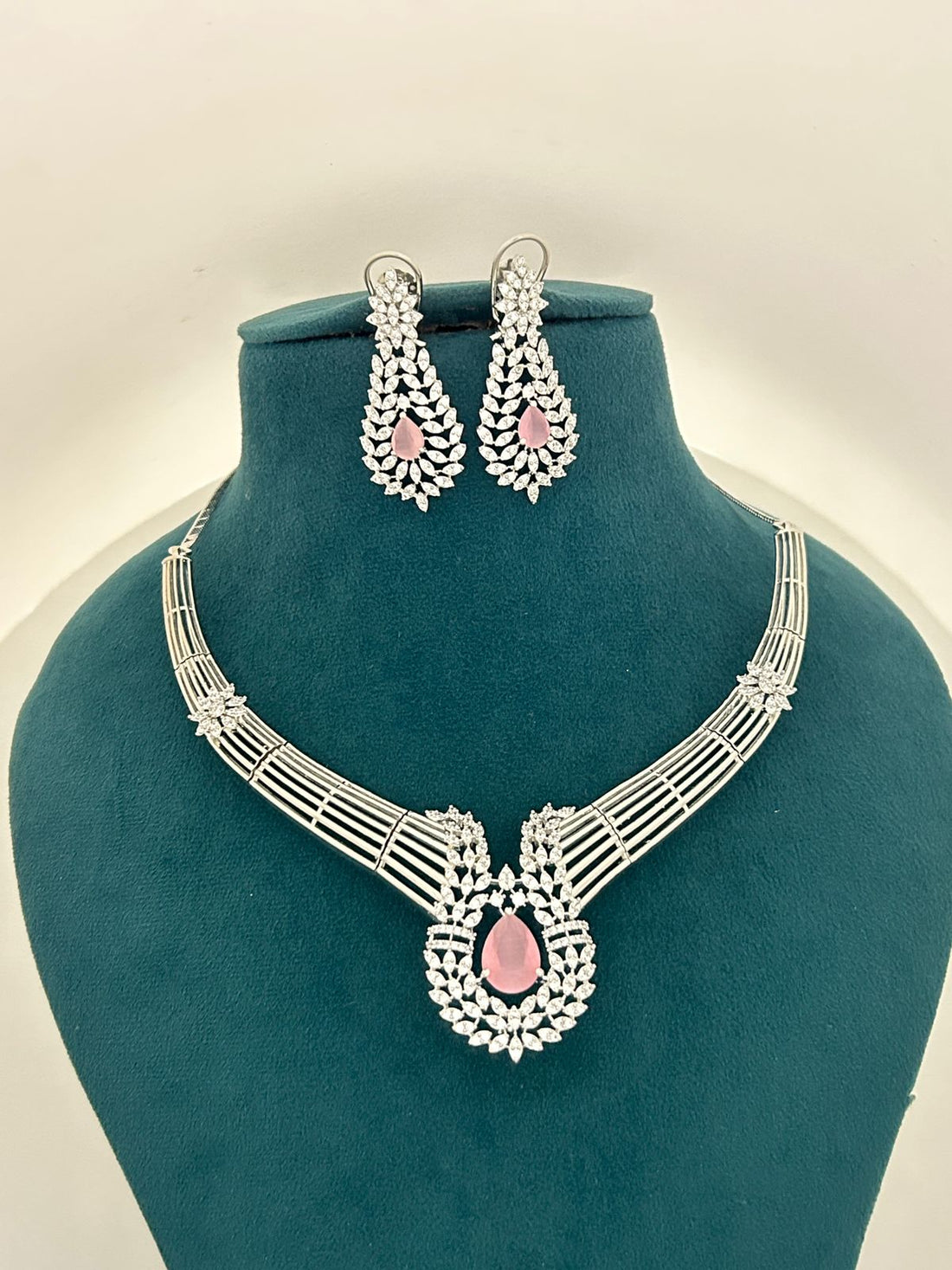 Pink Stone CZ Designer Necklace Set – Premium Silver Finish