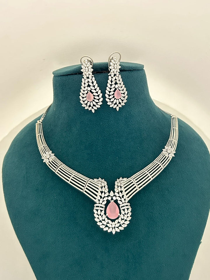 Pink Stone CZ Designer Necklace Set – Premium Silver Finish