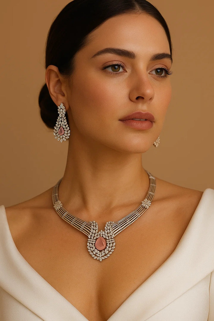 Pink Stone CZ Designer Necklace Set – Premium Silver Finish