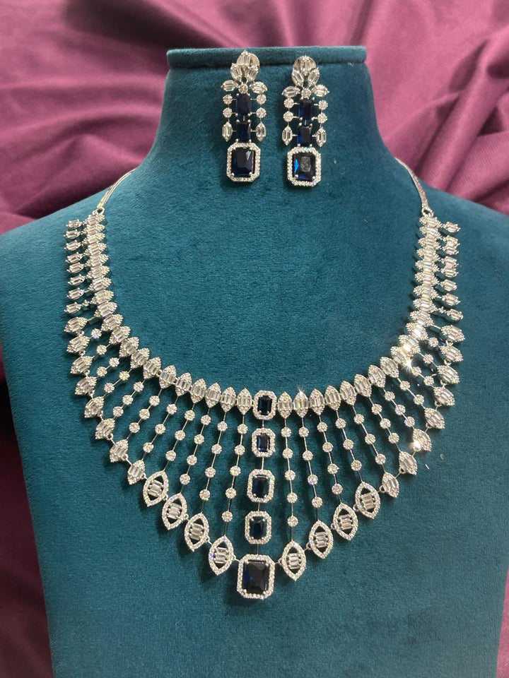 Blue Stone Diamond-Look CZ Bridal Necklace Set – Premium Silver Finish