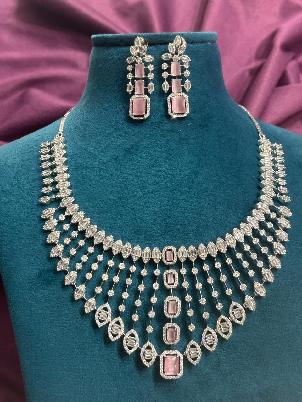 Pink Stone Diamond-Look CZ Bridal Necklace Set – Silver Finish