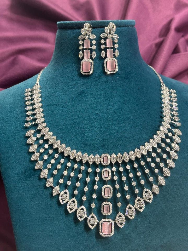 Pink Stone Diamond-Look CZ Bridal Necklace Set – Silver Finish