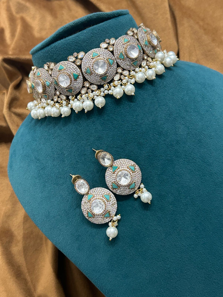 Designer Polki Pearl Choker Necklace Set – Mint Meena Work & Antique Finish