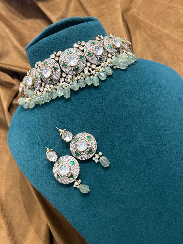 Designer Polki Pearl Choker Necklace Set – Green Meena Work & Premium Antique Finish