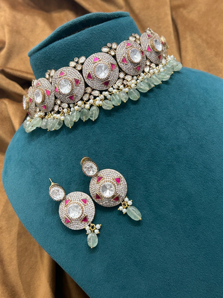 Designer Polki Pearl Choker Necklace Set – Pink Meena Work & Premium Antique Finish