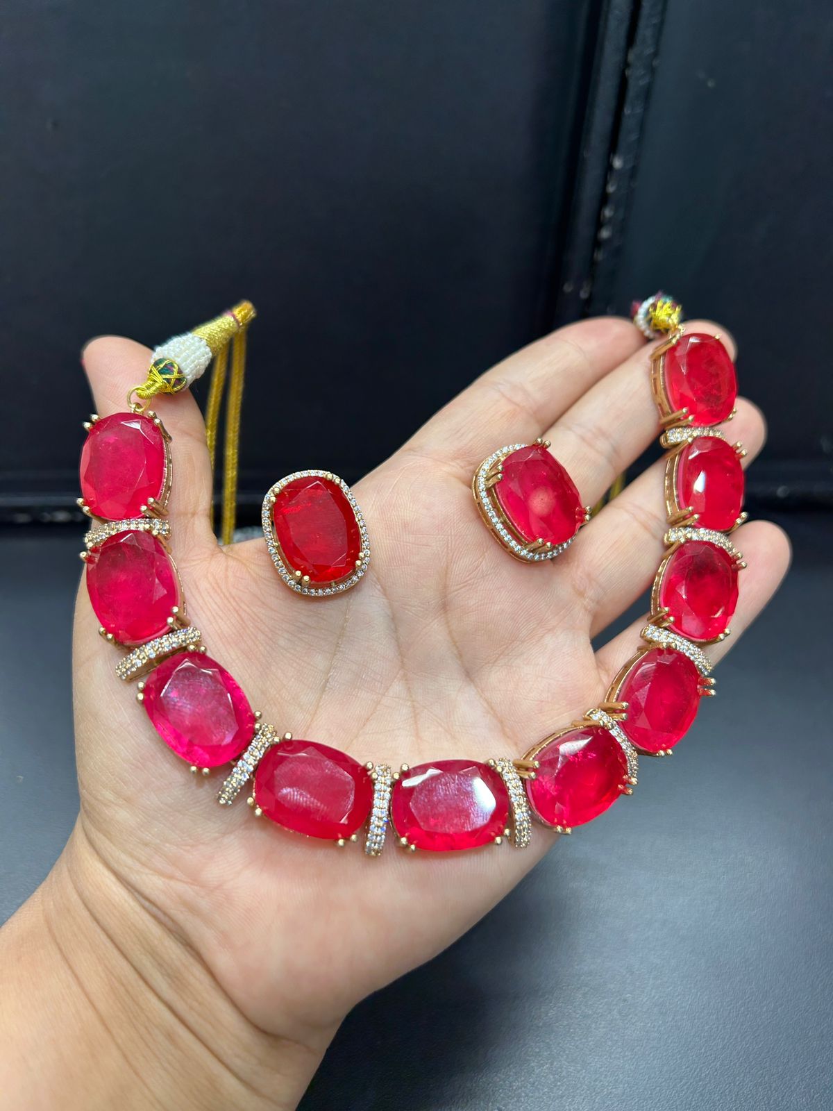 Premium Ruby Stone Choker Necklace Set – Designer Oversized Cushion Cut Stones