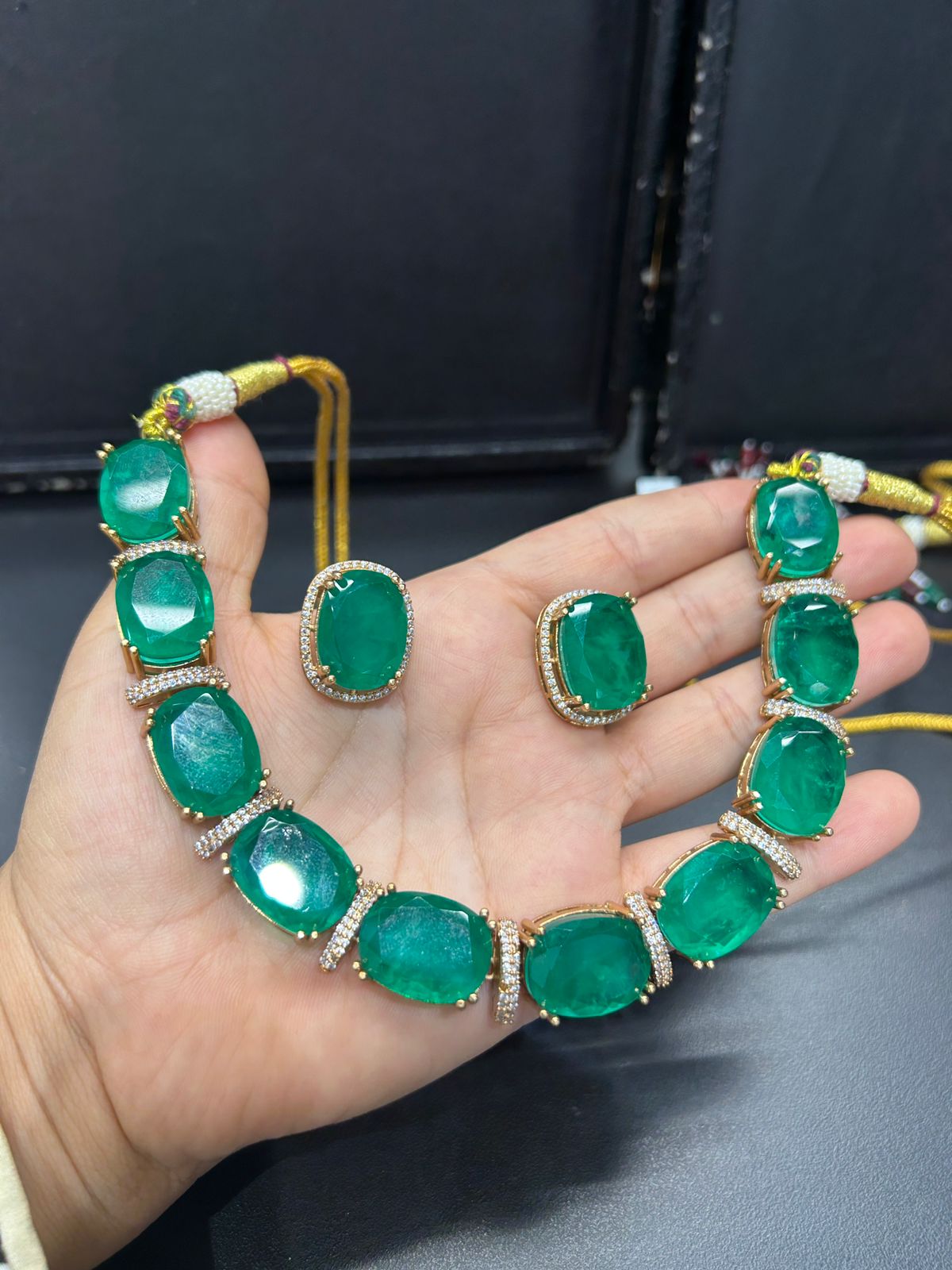 Premium Emerald Green Stone Choker Necklace Set – Designer Oversized Cushion Cut Stones