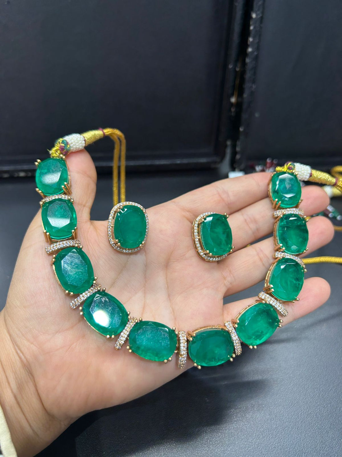 Premium Emerald Green Stone Choker Necklace Set – Designer Oversized Cushion Cut Stones