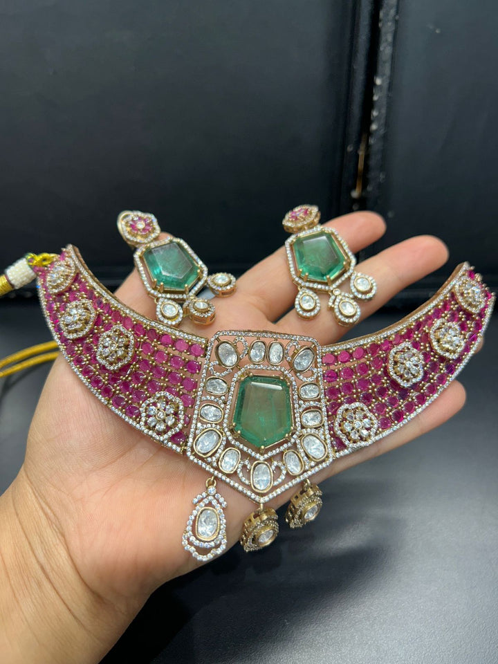 Royal Emerald–Ruby Antique Choker Necklace Set | Kundan & CZ Stones