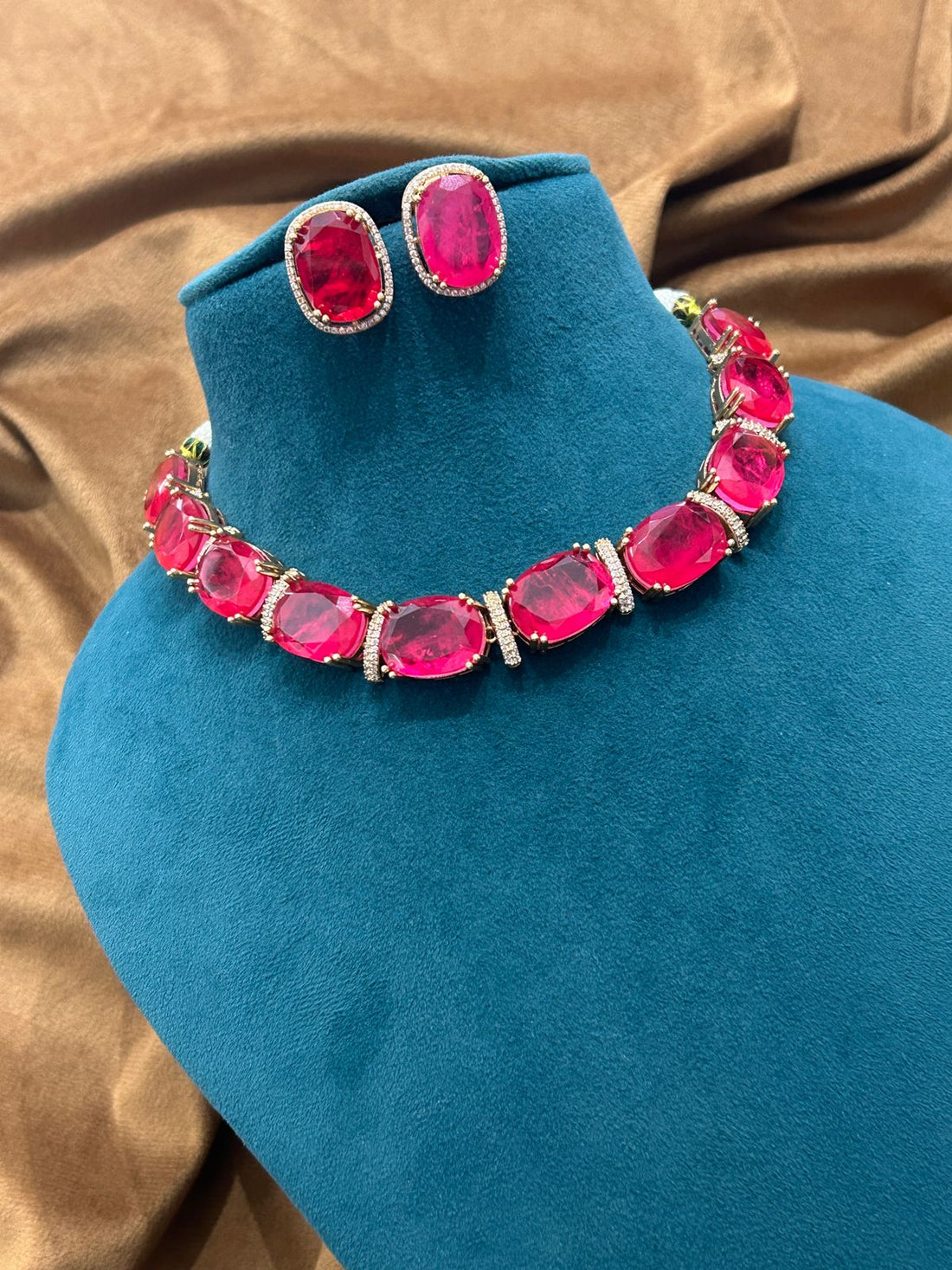 Premium Ruby Stone Choker Necklace Set – Designer Oversized Cushion Cut Stones