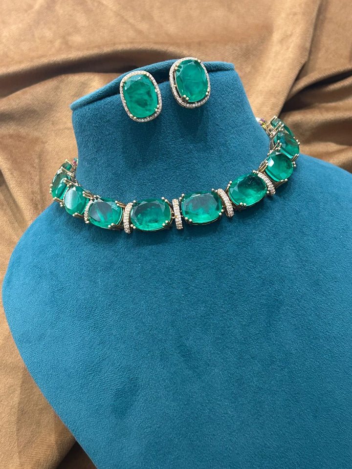Premium Emerald Green Stone Choker Necklace Set – Designer Oversized Cushion Cut Stones