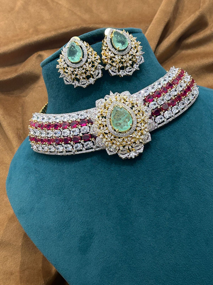 Ruby & Mint Green CZ Stone Bridal Choker Set | Premium Wedding Jewellery