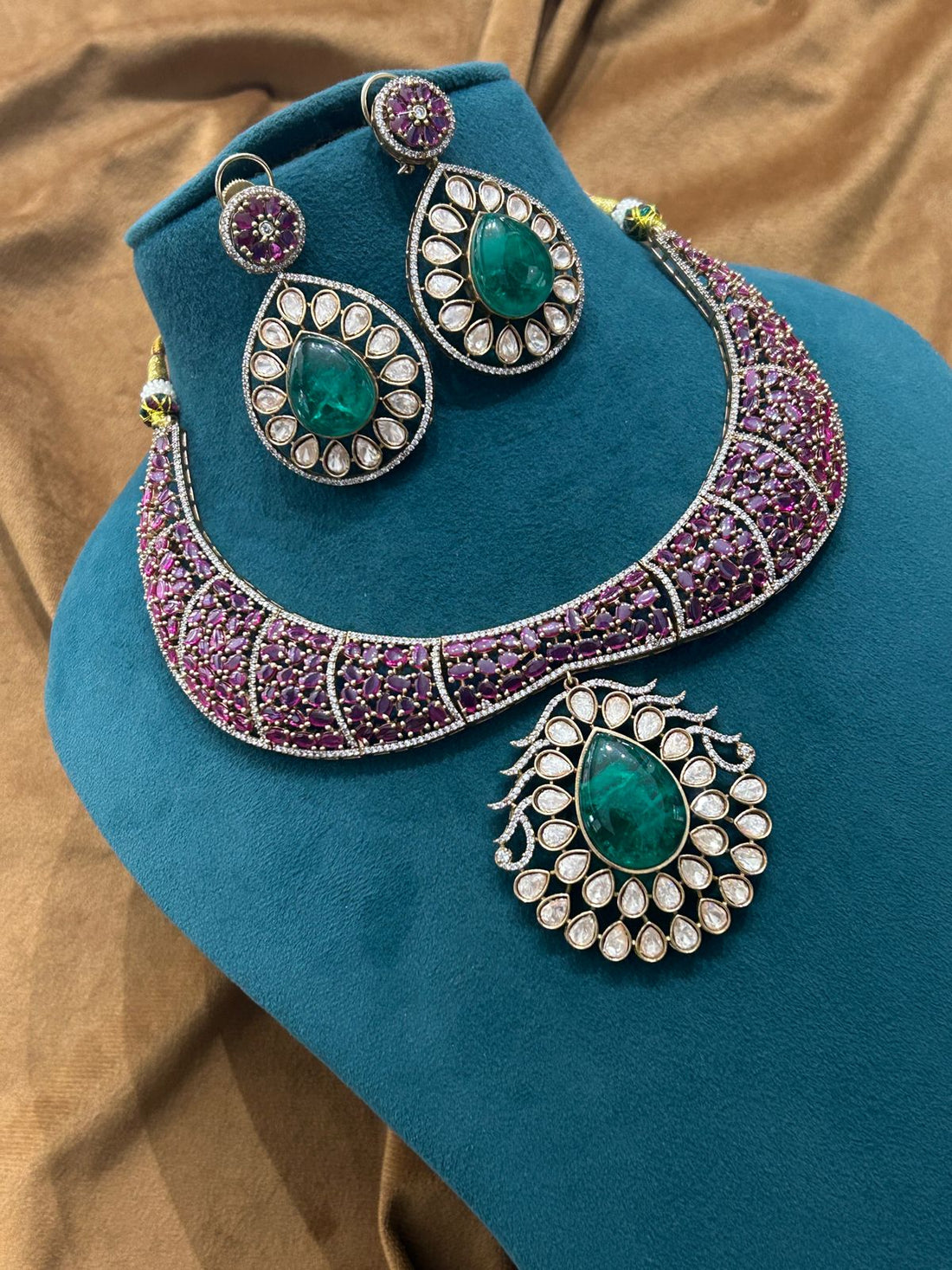 Emerald Peacock Polki Choker Necklace Set | Ruby Stone & CZ Bridal Jewellery