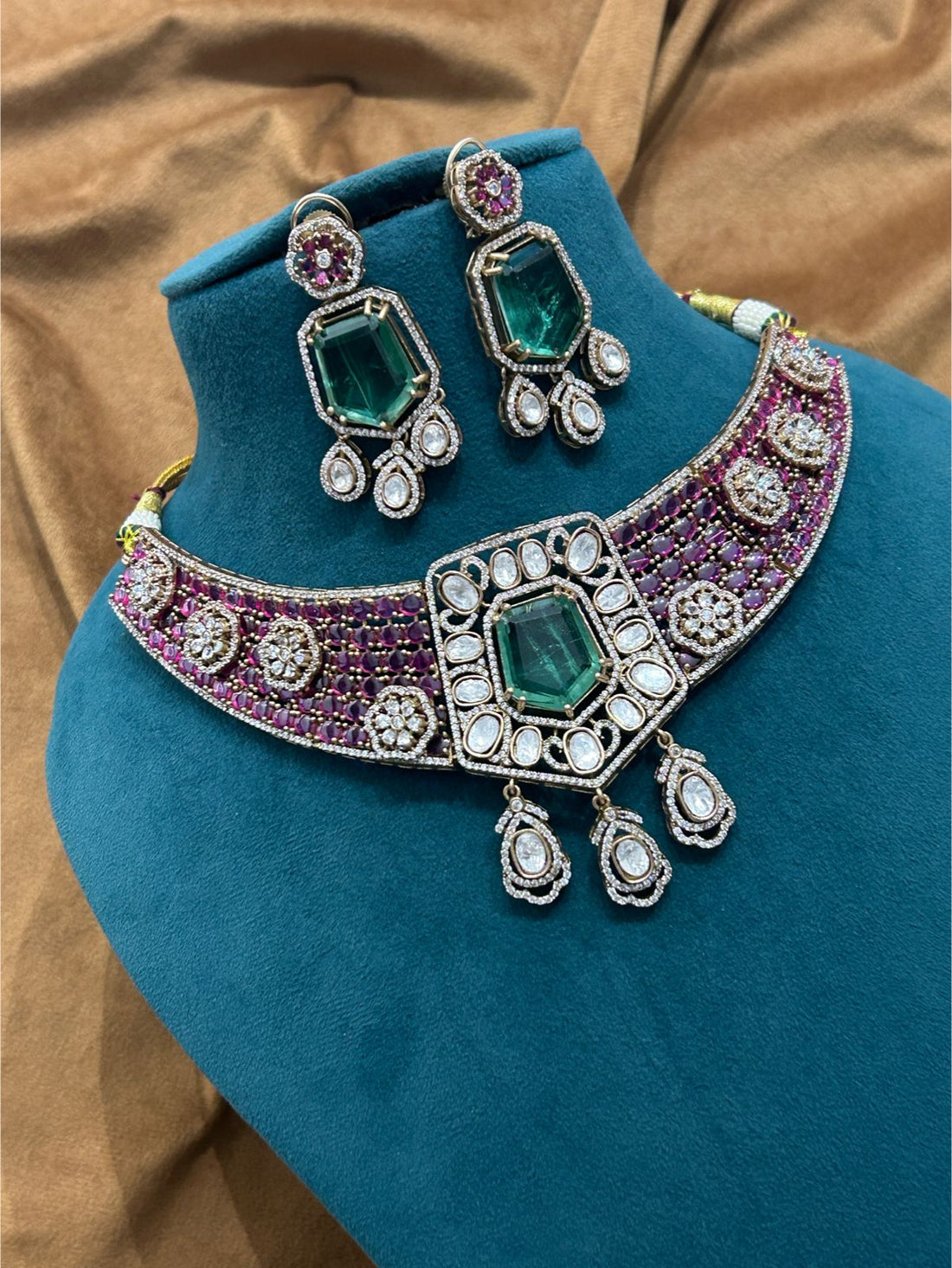 Royal Emerald–Ruby Antique Choker Necklace Set | Kundan & CZ Stones