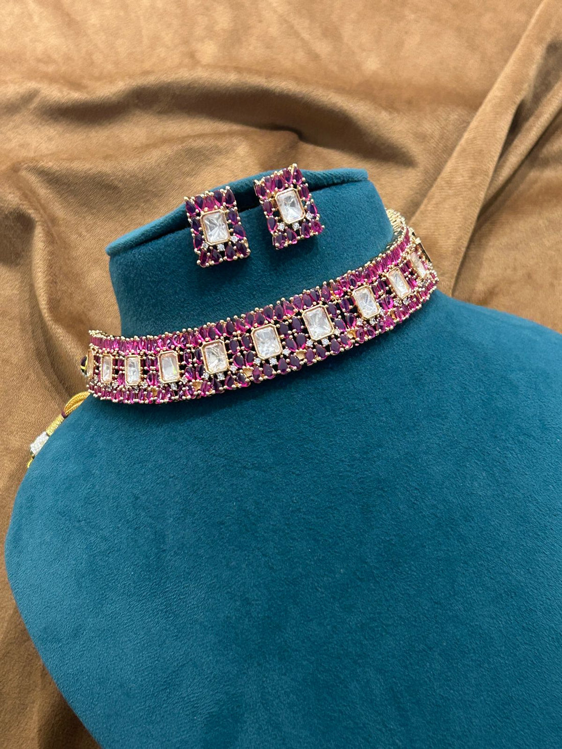 Ruby Square-Stone CZ Choker Necklace Set | Premium Partywear Jewellery