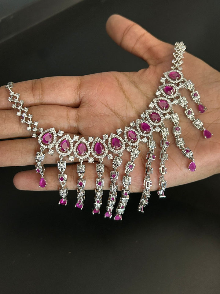Ruby Pink Waterfall Diamond Necklace Set | Premium CZ Stone Jewellery