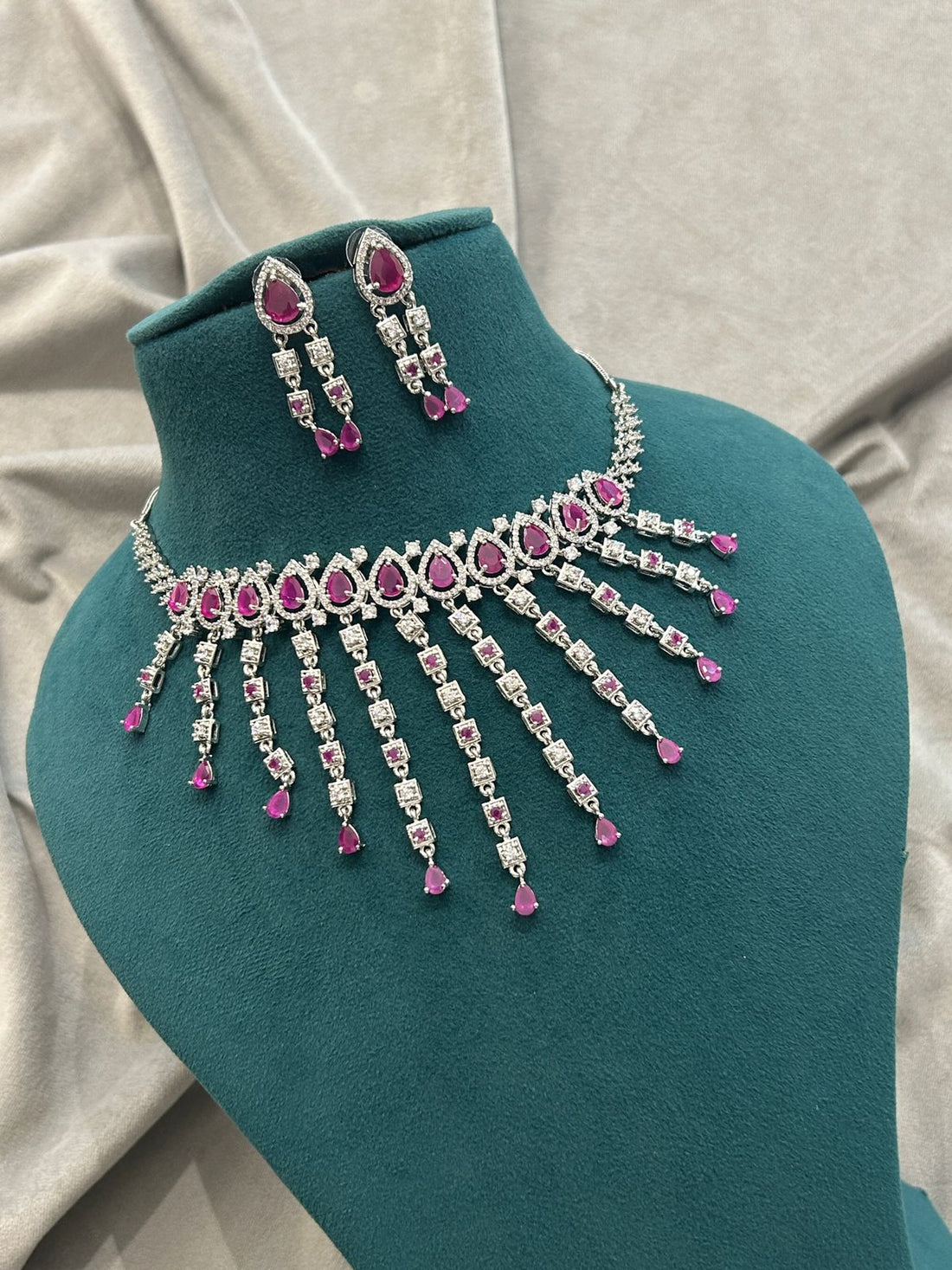 Ruby Pink Waterfall Diamond Necklace Set | Premium CZ Stone Jewellery