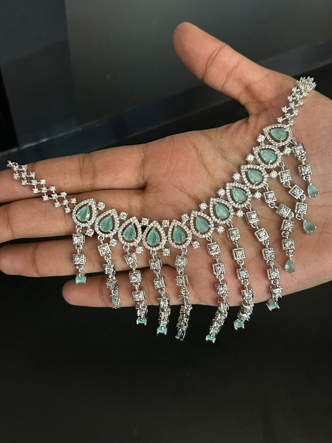 Aqua Teardrop Silver Waterfall Diamond Necklace Set | Premium CZ Stone Jewellery