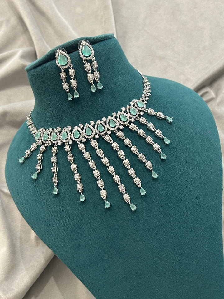 Aqua Teardrop Silver Waterfall Diamond Necklace Set | Premium CZ Stone Jewellery