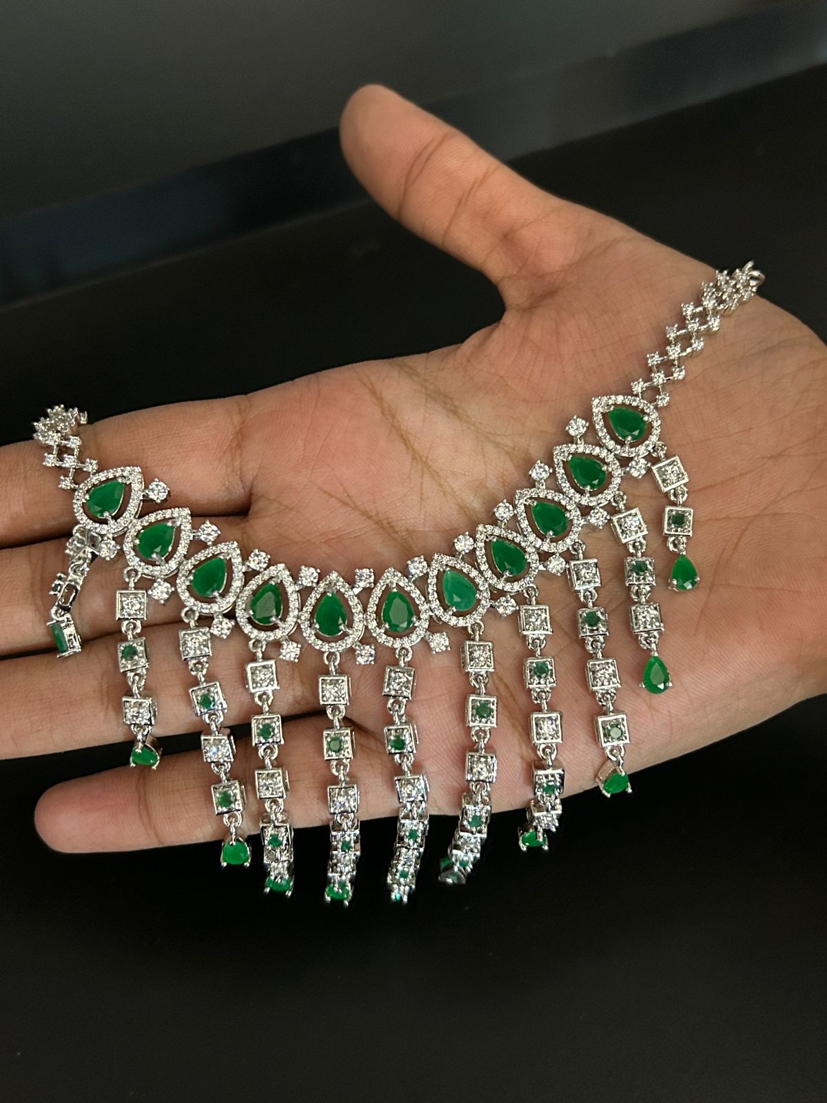 Emerald Green Waterfall Diamond Necklace Set | Premium CZ Jewellery