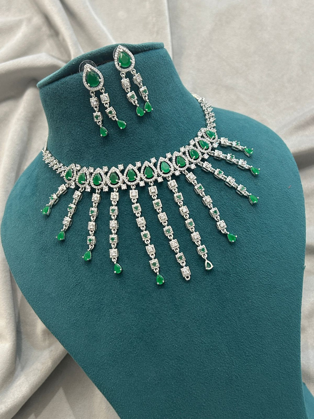 Emerald Green Waterfall Diamond Necklace Set | Premium CZ Jewellery