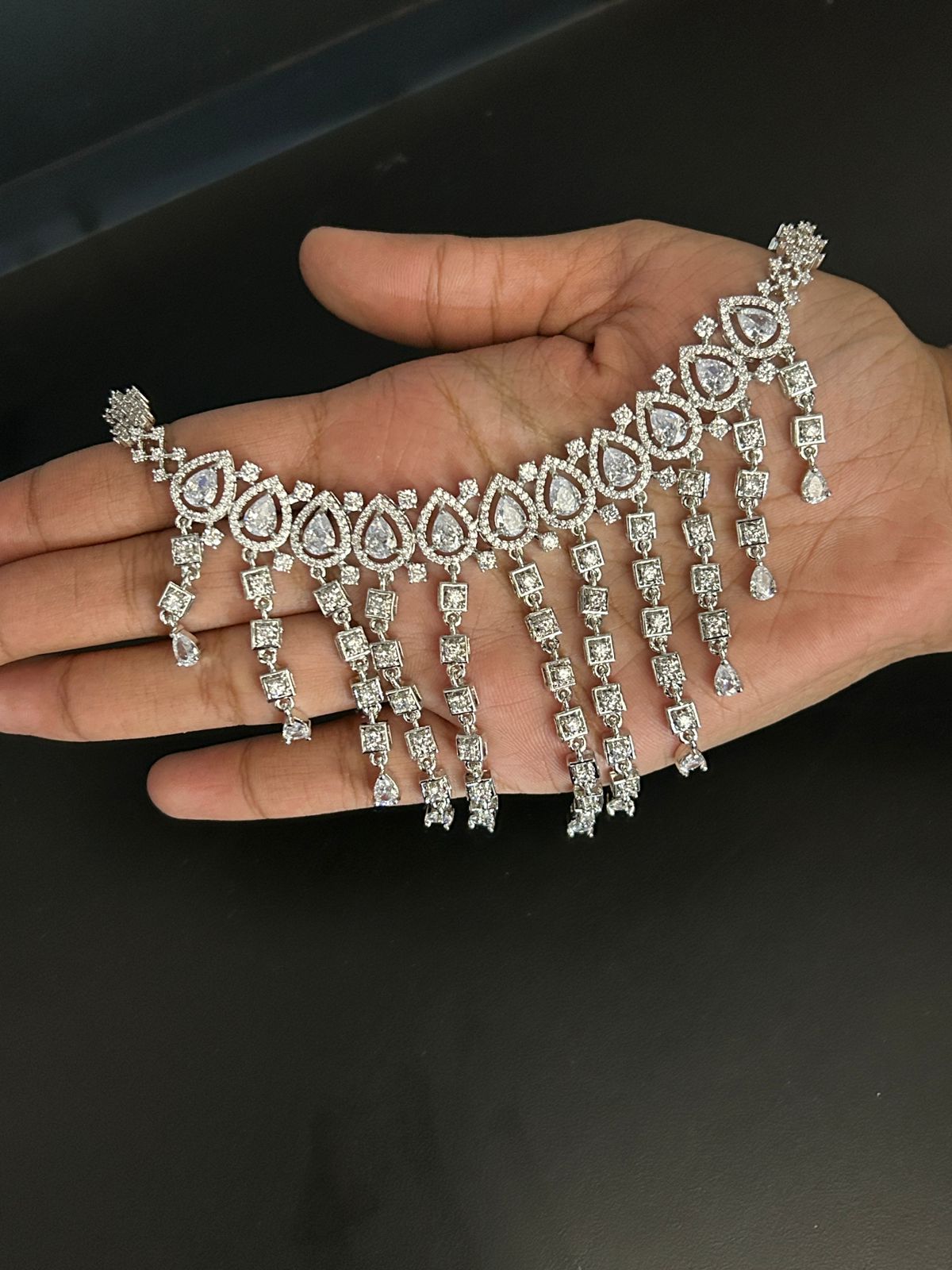 Elegant Silver CZ Waterfall Diamond Necklace Set | Premium Party & Bridal Jewellery
