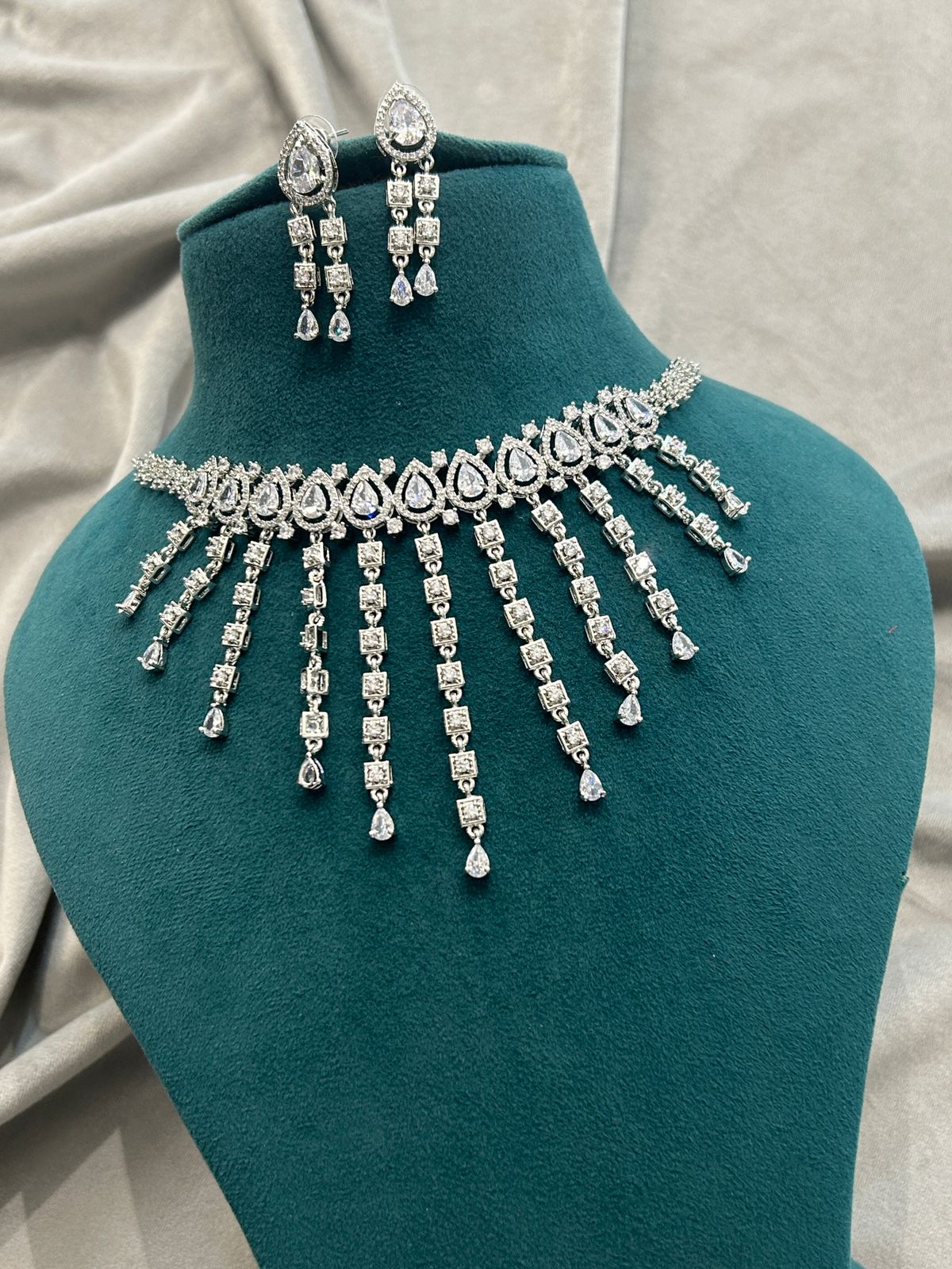 Elegant Silver CZ Waterfall Diamond Necklace Set | Premium Party & Bridal Jewellery
