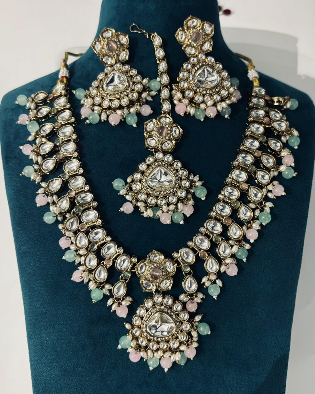 Pastel Multi-Bead Kundan Bridal Necklace Set | Premium Polki Jewellery