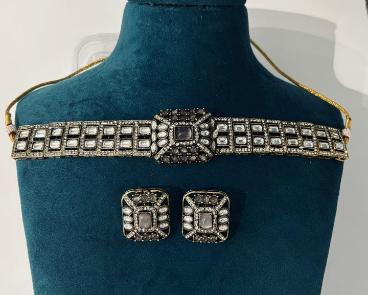 Black Grey Kundan Choker Set | Premium Polki Statement Jewellery