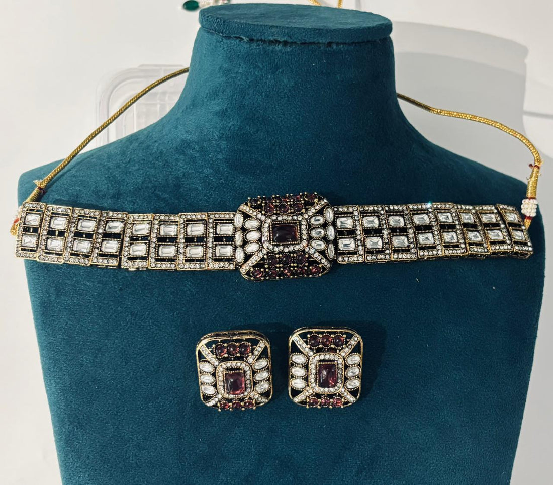 Black–Maroon Kundan Polki Choker Set | Square Stone Antique Finish Jewellery