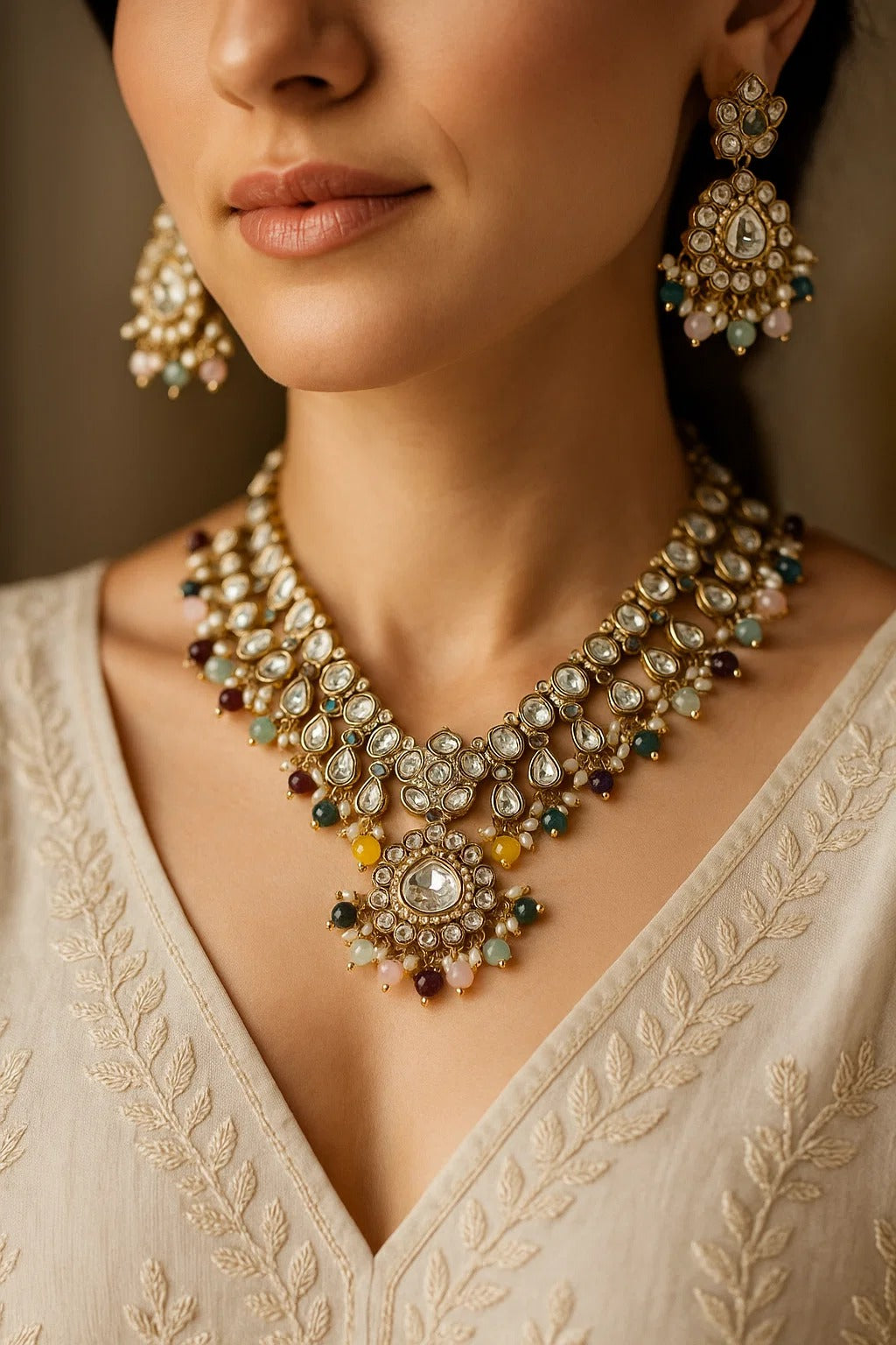 Grand Multicolour Kundan Bridal Necklace Set | Premium Polki Jewellery