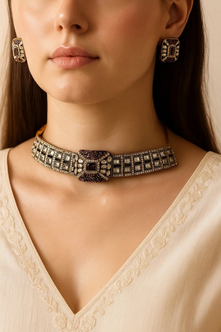 Black–Maroon Kundan Polki Choker Set | Square Stone Antique Finish Jewellery