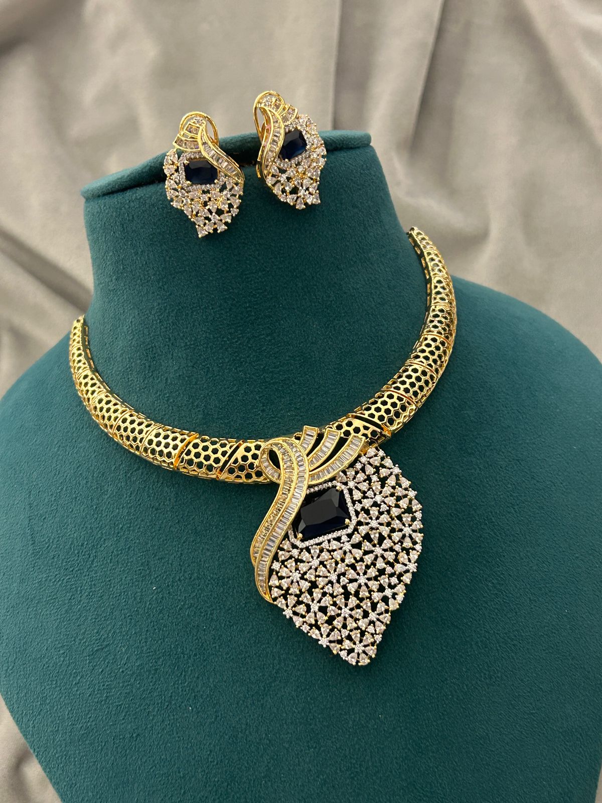 Dark Blue Stone Gold Designer Necklace Set | Premium Diamond Finish Jewellery