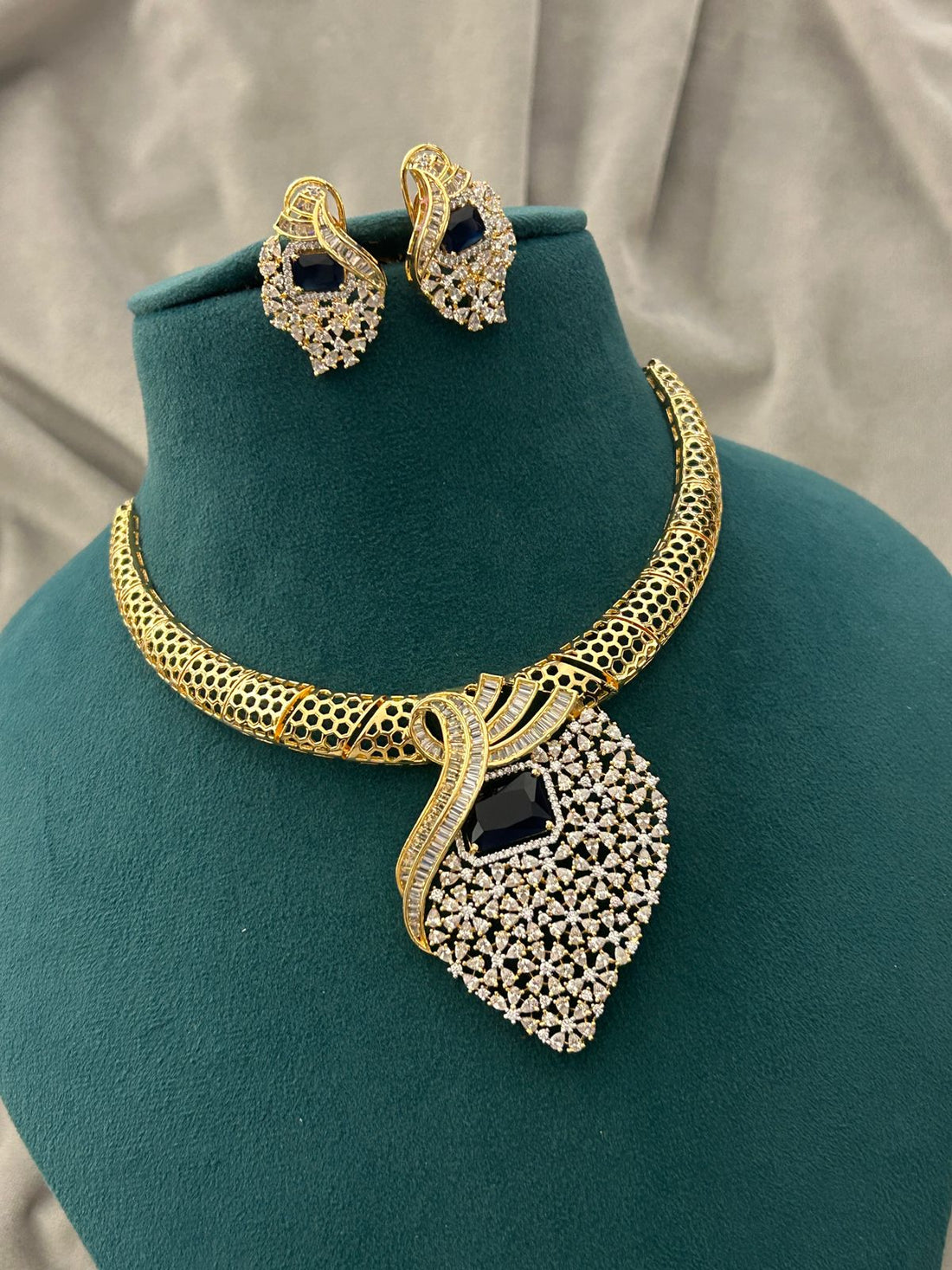 Dark Blue Stone Gold Designer Necklace Set | Premium Diamond Finish Jewellery