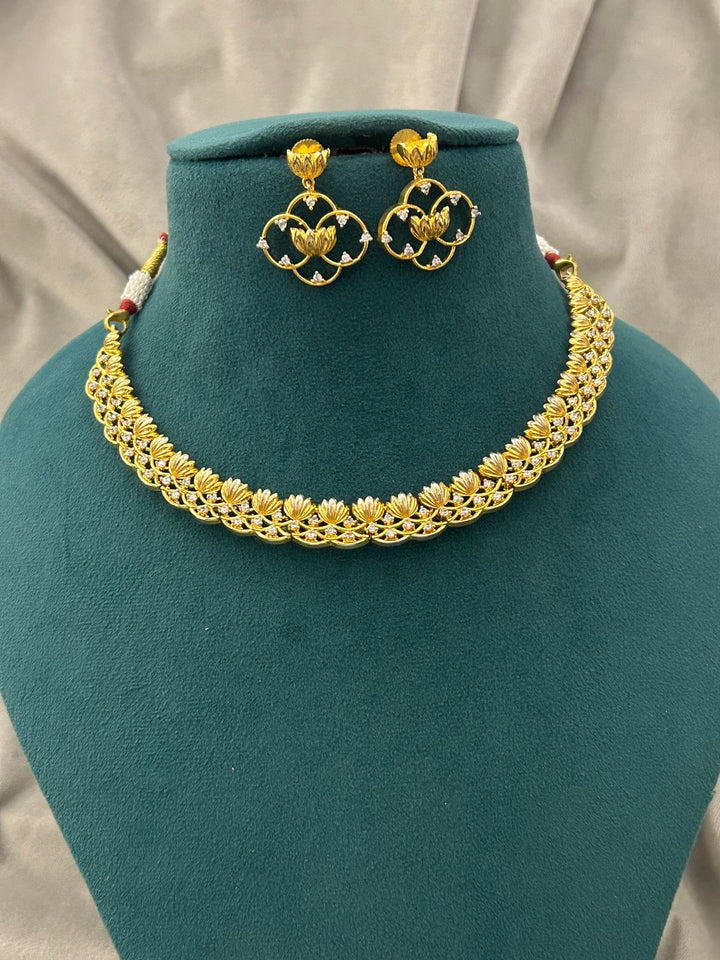 Gold Lotus Motif Necklace Set | Elegant Lightweight Designer Jewellery