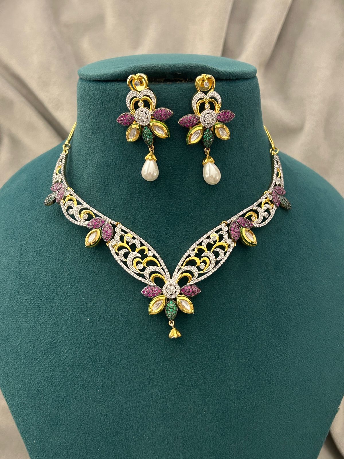 Multicolour Floral Designer Necklace Set | Pearl Drop Party Wear Jewellery