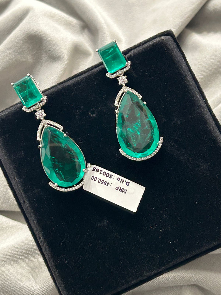 Emerald Green Drop Statement Earrings | Big Stone Partywear Earrings